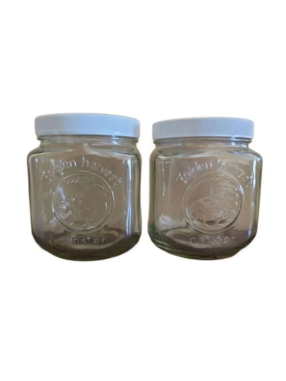 2 Vintage Golden Harvest Glass Canister Jars With White Lids
